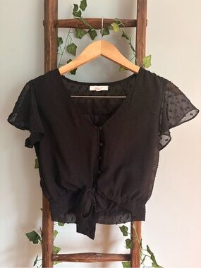 Women’s Black Swiss Dot Tie-Front Blouse